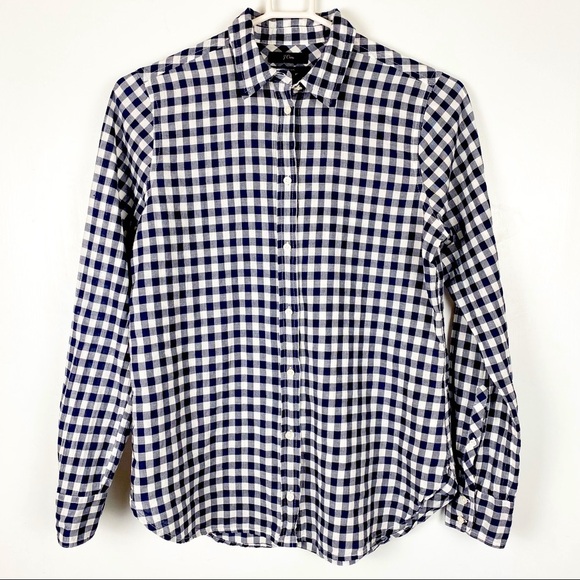 J. Crew - Women's Classic-fit Shirt Crinkle Gingham Button Down Blue White Sz. 2 - Picture 1 of 7